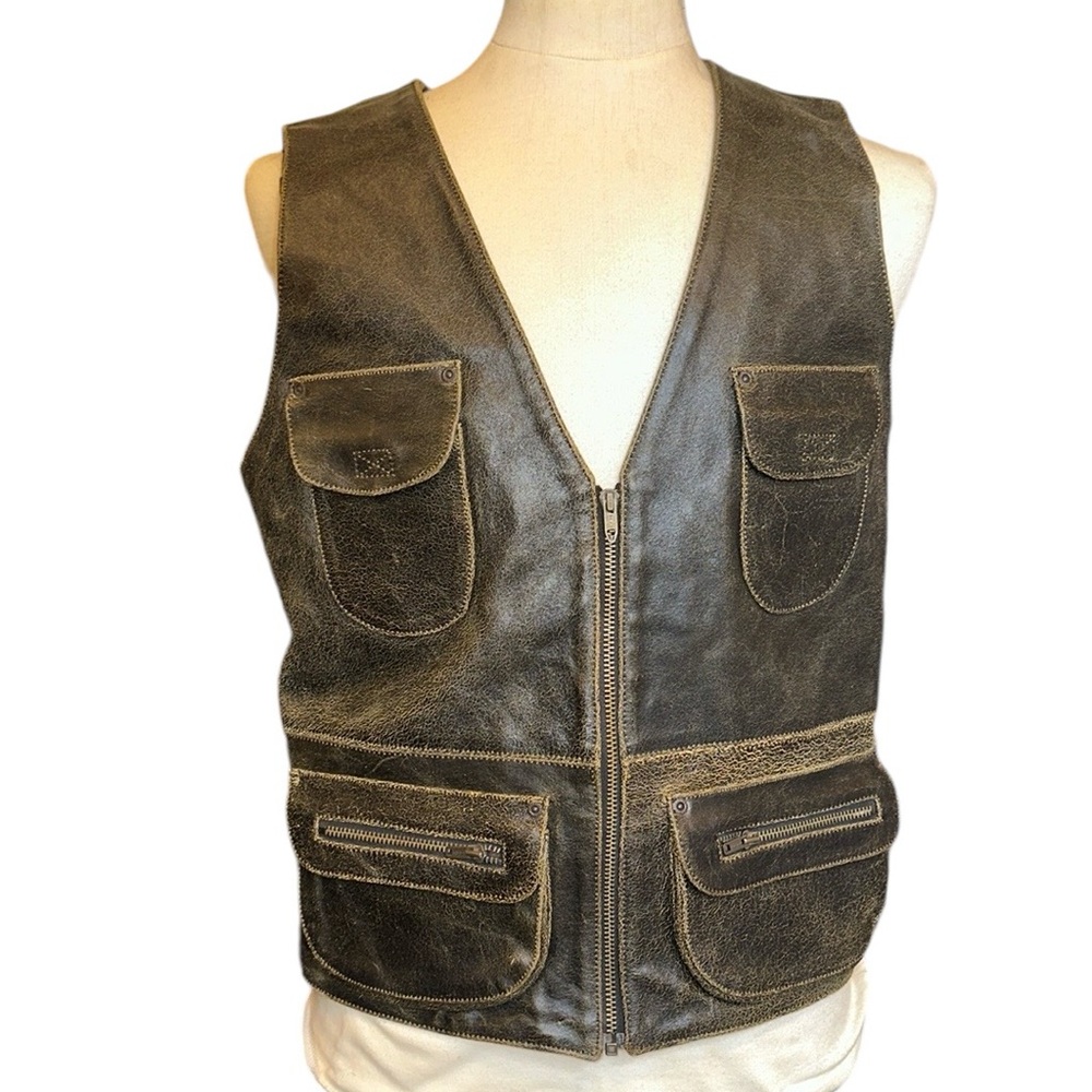 Contempo Casuals Leather Brown Rustic Leather Large Zipper Biker Halloween Vest
